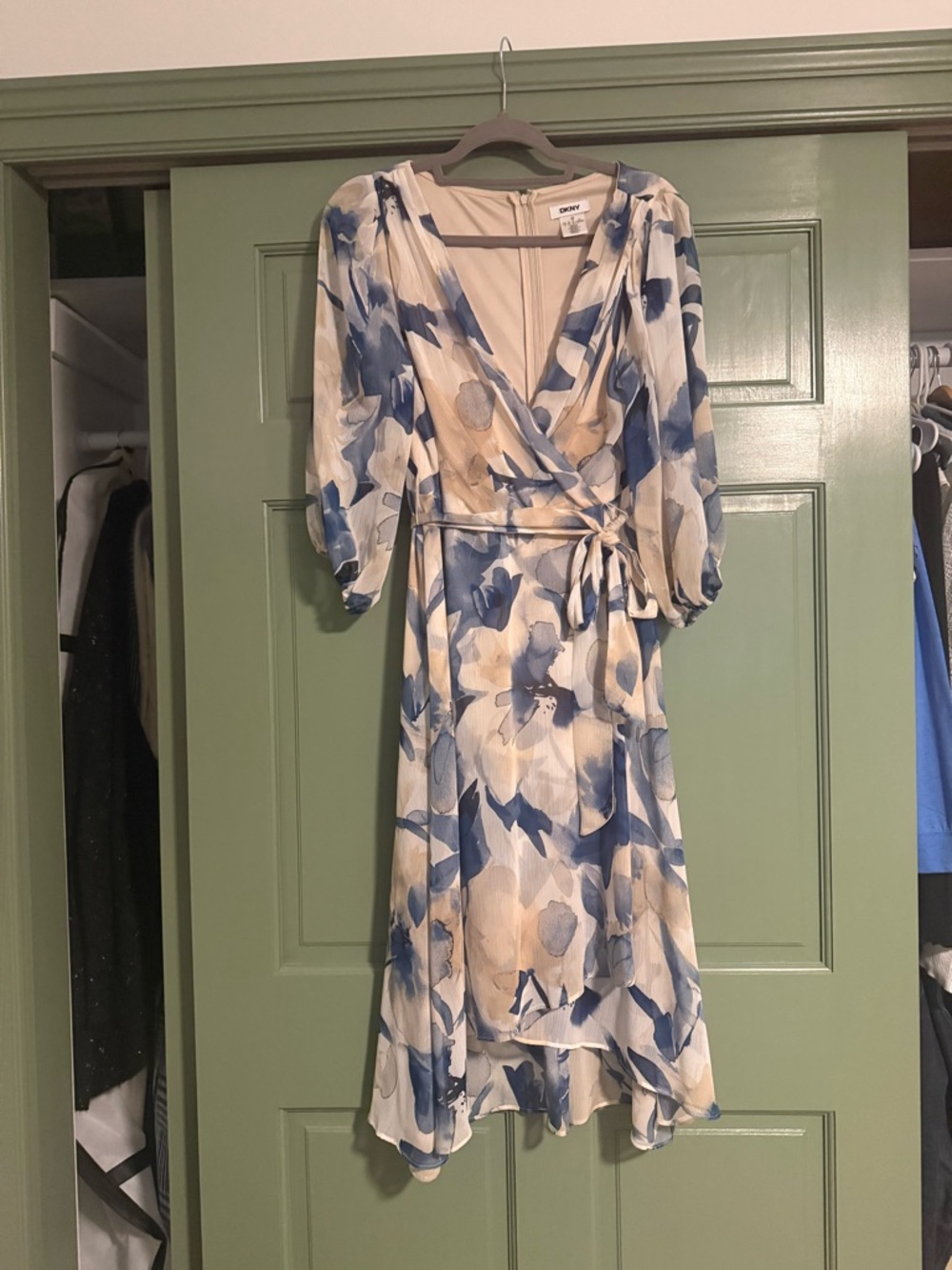 DKNY Blue and Cream Floral High-Low Wrap Dress